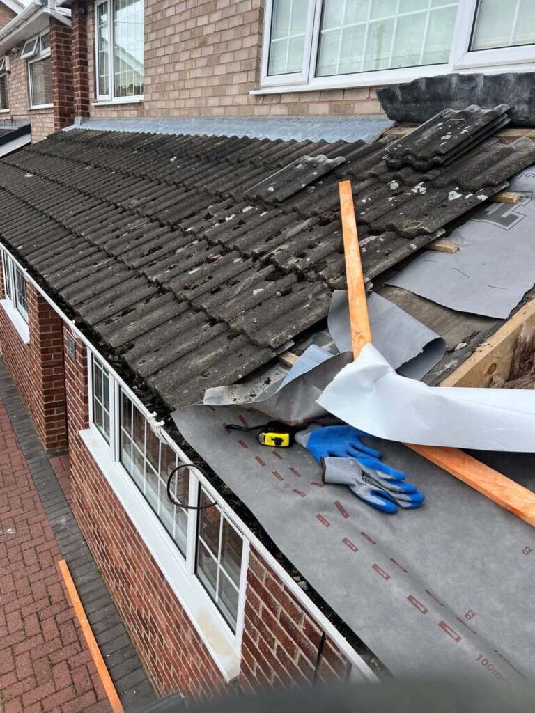 This is a photo of a pitched roof which is being repaired. The existing roof was leaking badly. Works carried out by LJ Roofing Haydon Wick